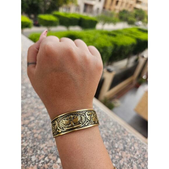 Handmade Goddess Isis Bangle – Black & Gold Brass, Lotus Symbol - Picture 2 of 3